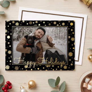 Chic Gold Foil On Black Holiday Family Photo Card