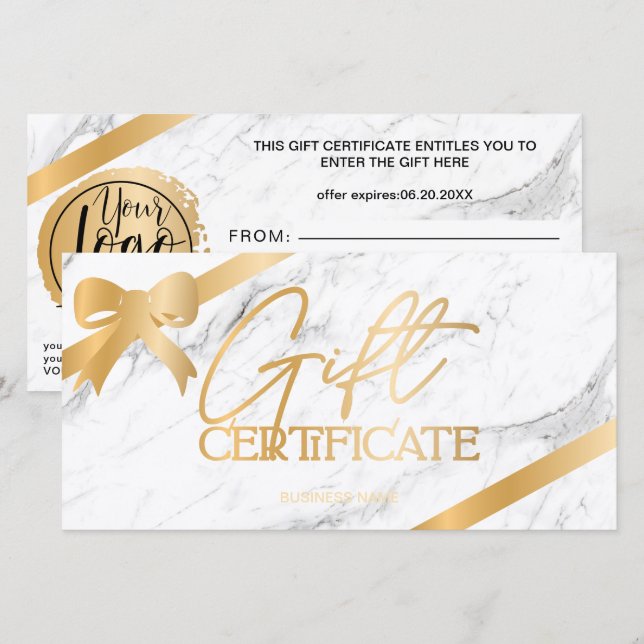 Chic gold foil ribbon marble logo gift certificate (Front/Back)