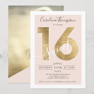 Chic gold foil script blush Sweet 16 photo Invitation