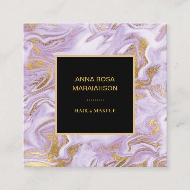 *~* Chic Gold Foil Veins Lavender Marble Modern Square Business Card (Front)