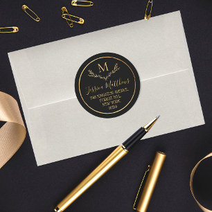 Chic Gold Foil Wreath Monogram Return Address Classic Round Sticker