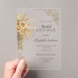 Chic Gold Frame Boho Flowers Bridal Shower Acrylic Invitations