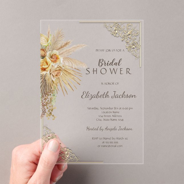 Chic Gold Frame Boho Flowers Bridal Shower Acrylic Invitations (Insitu (Handheld))