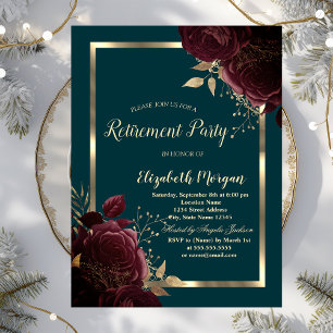 Chic Gold Frame Burgundy Roses Green Retirement Invitation