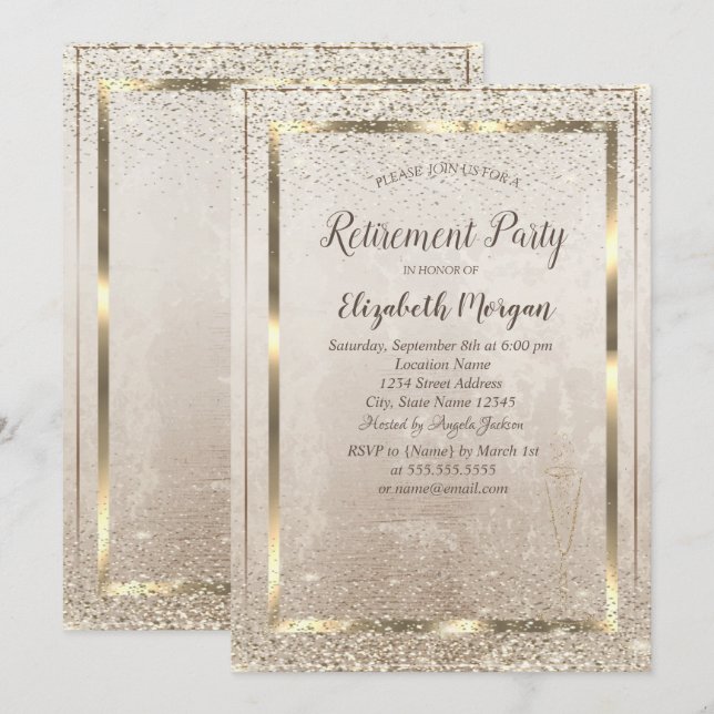 Chic Gold Frame,Glass Confetti Retirement  Invitation (Front/Back)