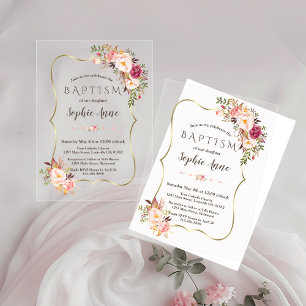 Chic Gold Frame Pink Blush Flowers Girl Baptism Acrylic Invitations