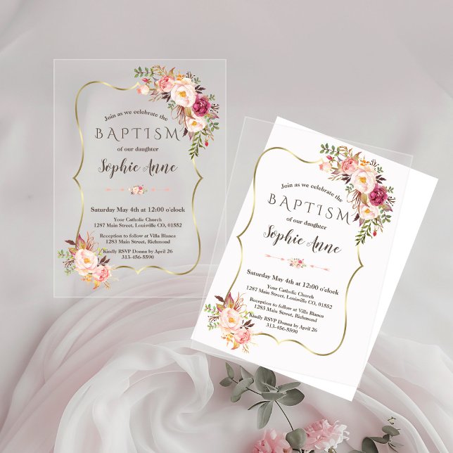 Chic Gold Frame Pink Blush Flowers Girl Baptism Acrylic Invitations (Creator Uploaded)