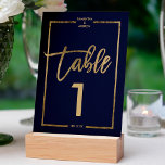 Chic gold frame script navy blue table number<br><div class="desc">Chic Gold typography on customisable navy blue gold half frame,  and faux rose gold geometric stripes chic table number wedding ,  perfect for elegant,  beach wedding, </div>