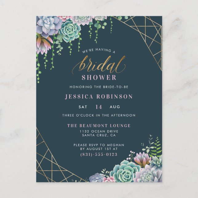 Chic Gold Frame & Script Succulents Bridal Shower Invitation Postcard (Front)