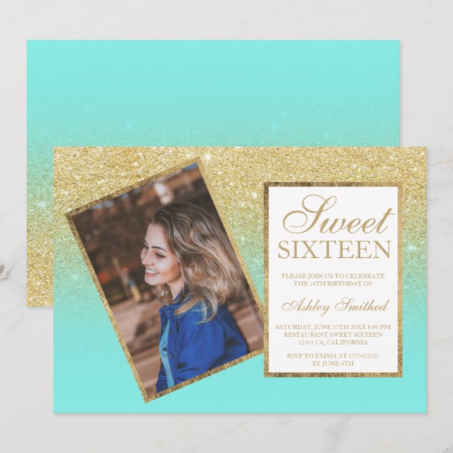 Chic gold frame teal ombre photo Sweet 16 Invitation (Front/Back)