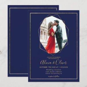 Chic gold frame terrarium navy blue photo wedding invitation