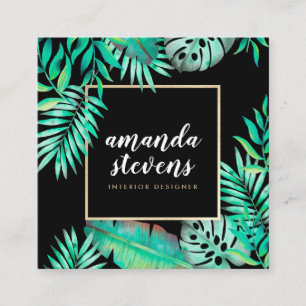 Chic gold frame watercolor tropical green leaves square business card