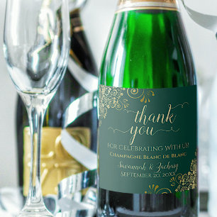 Chic Gold Frills & Emerald Green Wedding Thank You Sparkling Wine Label