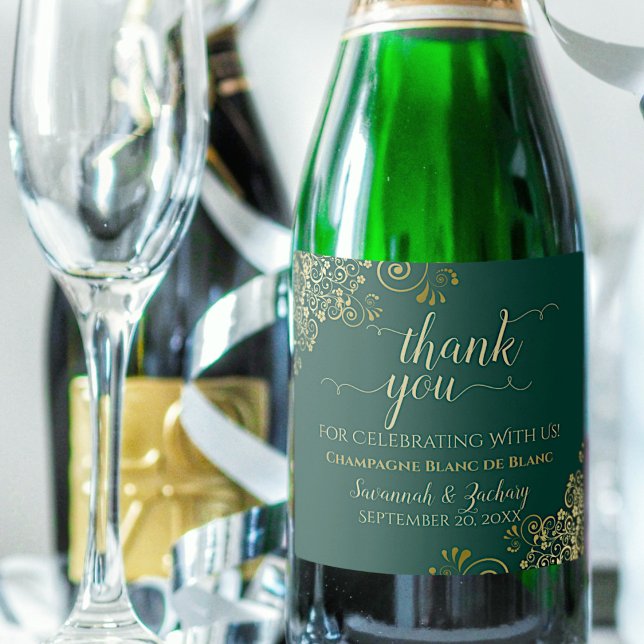 Chic Gold Frills & Emerald Green Wedding Thank You Sparkling Wine Label (Creator Uploaded)