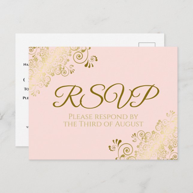 Chic Gold Frills on Blush Pink Wedding RSVP Postcard (Front/Back)