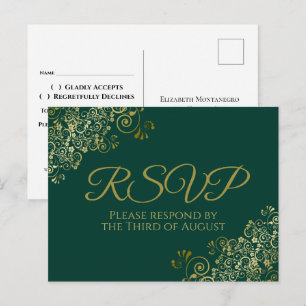 Chic Gold Frills on Emerald Green Wedding RSVP Postcard