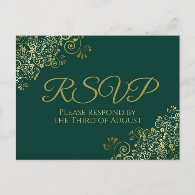 Chic Gold Frills on Emerald Green Wedding RSVP Postcard (Front)