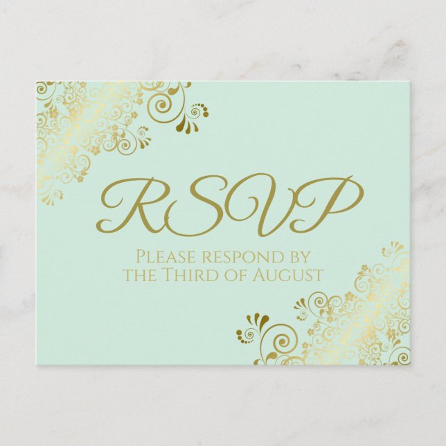 Chic Gold Frills on Neo Mint Green Wedding RSVP Postcard (Front)
