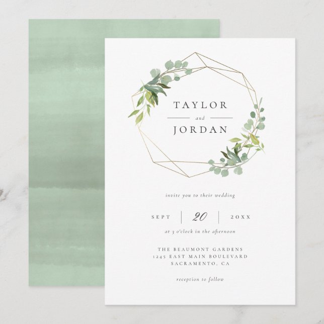 Chic Gold Geometric Eucalyptus Greenery Wedding Invitation (Front/Back)