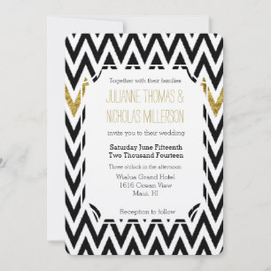 Chic Gold Glam and Black Chevron Wedding Invitation