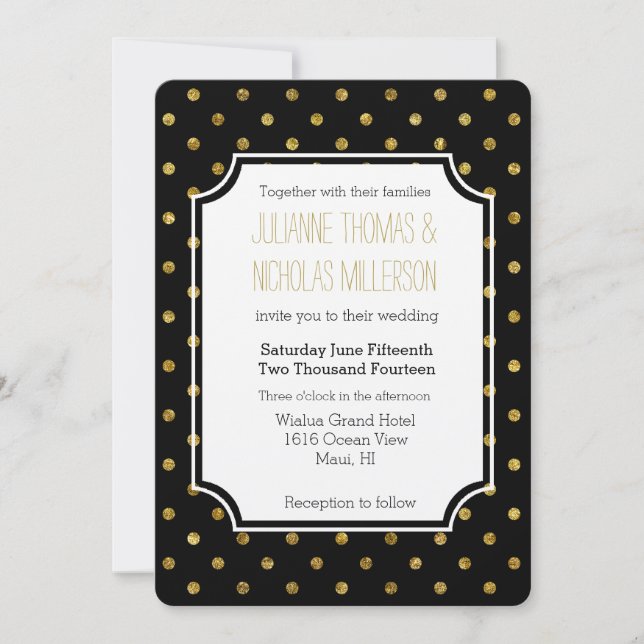 Chic Gold Glam and Black Dots Wedding Invitation (Front)