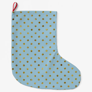 Chic Gold Glam and Blue Dots Large Christmas Stocking