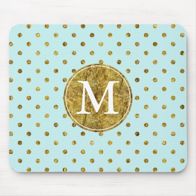 Chic Gold Glam and Blue Dots monogram Mouse Mat (Front)