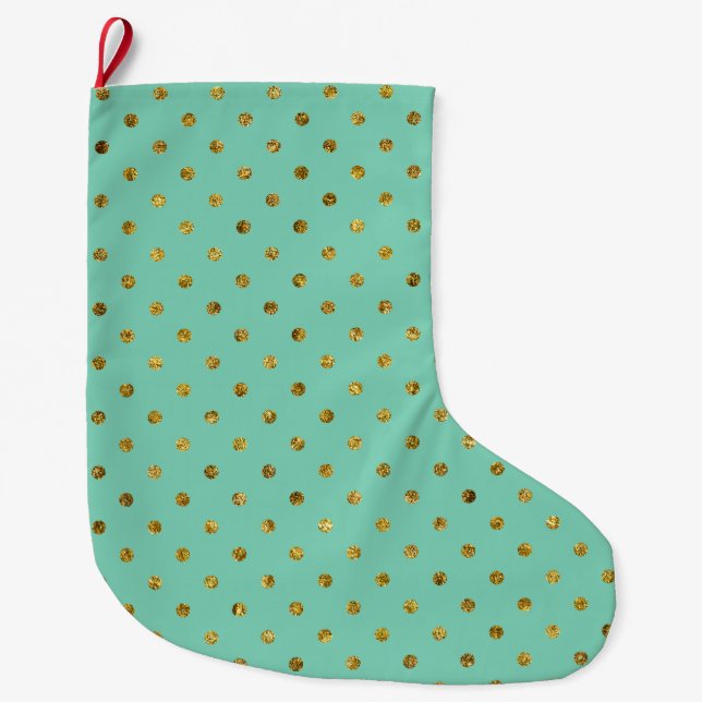 Chic Gold Glam and Mint Dots Large Christmas Stocking (Front)