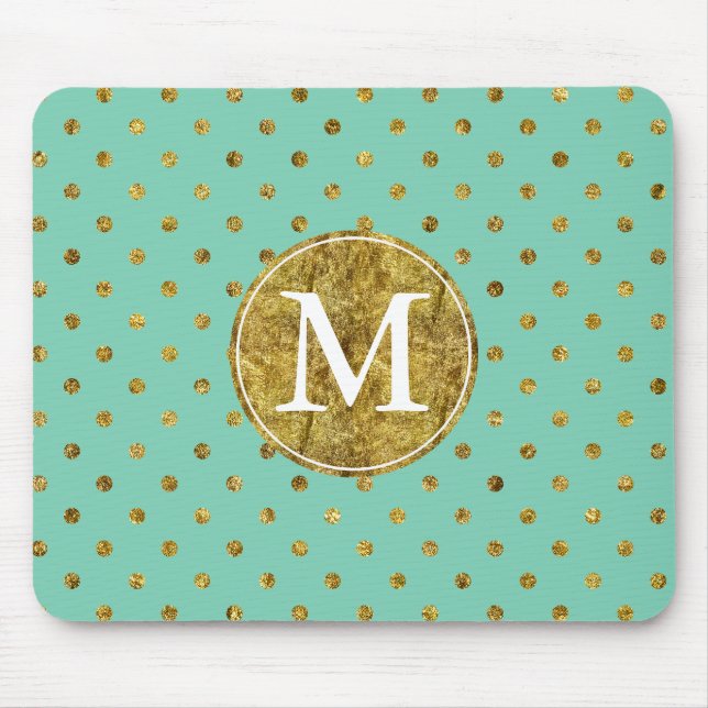 Chic Gold Glam and Mint Dots monogram Mouse Mat (Front)