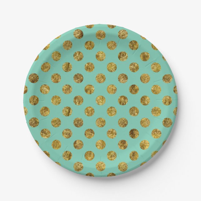 Chic Gold Glam and Mint Dots Paper Plate (Front)