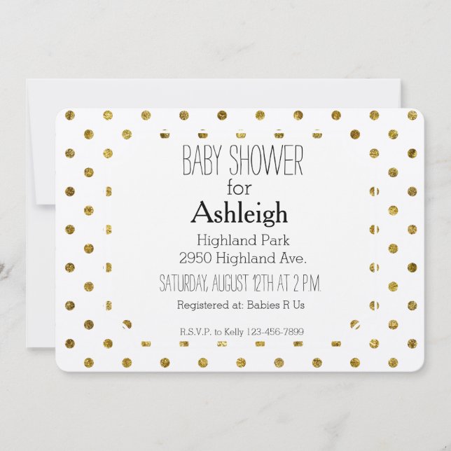 Chic Gold Glam and White Polka Dots baby shower Invitation (Front)