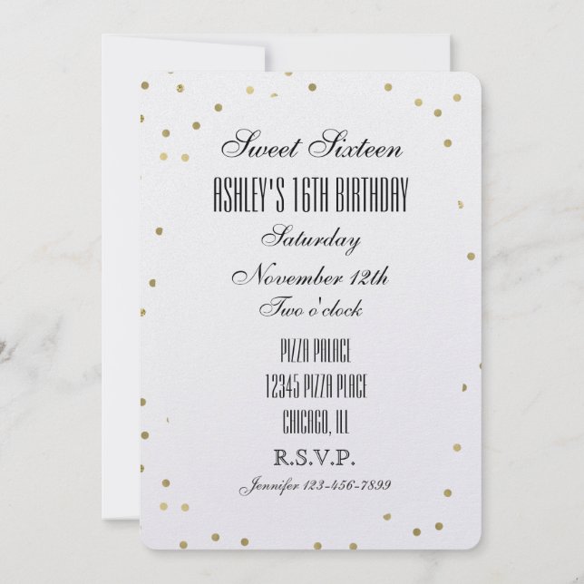 Chic Gold Glam Confetti Dots Sweet 16 Invitation (Back)