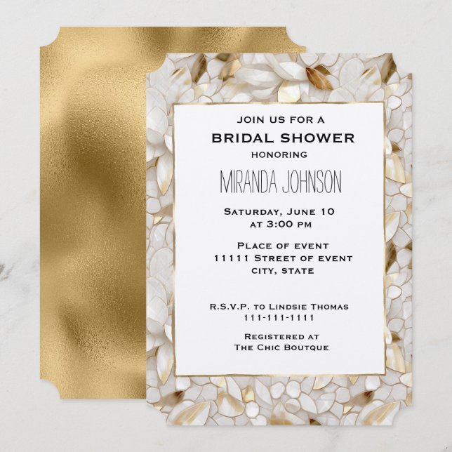 Chic Gold Glam White Lotus Flowers Bridal Shower Invitation (Front/Back)