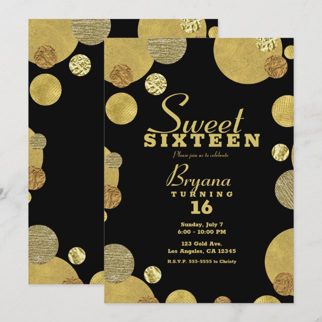 Chic Gold Glamour Dots Trendy Sweet 16 Party   Invitation (Front/Back)