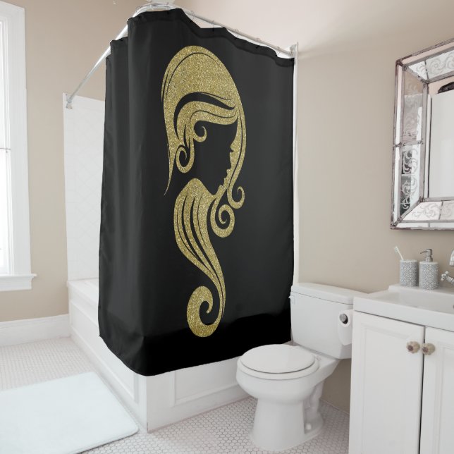 Chic Gold Glitter Beauty Girl Hair & Makeup Salon Shower Curtain (In Situ)