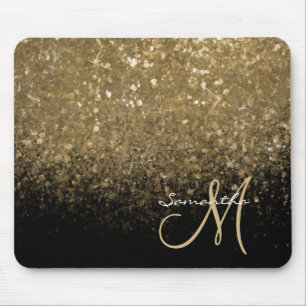 Chic Gold Glitter & Black Monogrammed  Mouse Mat