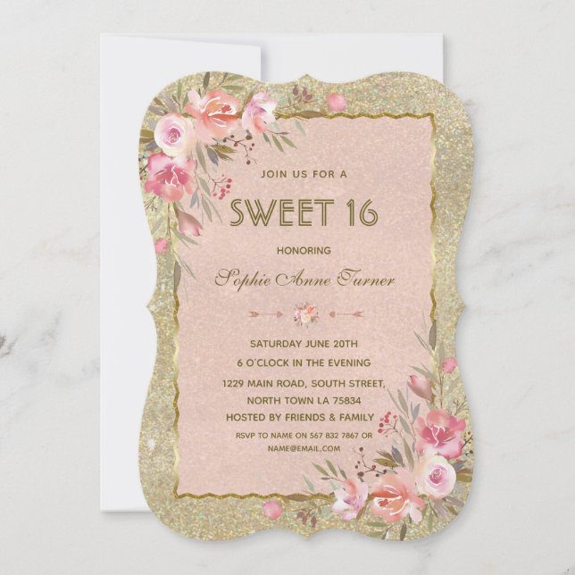 Chic Gold Glitter Blush Floral Sweet Sixteen Party Invitation (Front)