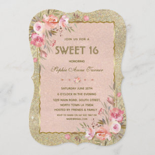 Chic Gold Glitter Blush Floral Sweet Sixteen Party Invitation