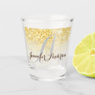 Chic Gold Glitter Blush Monogram Name Shot glass