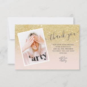 Chic gold glitter blush photo thank you Sweet 16 Card