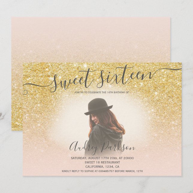 Chic gold glitter blush pink girly Sweet 16 photo Invitation (Front/Back)