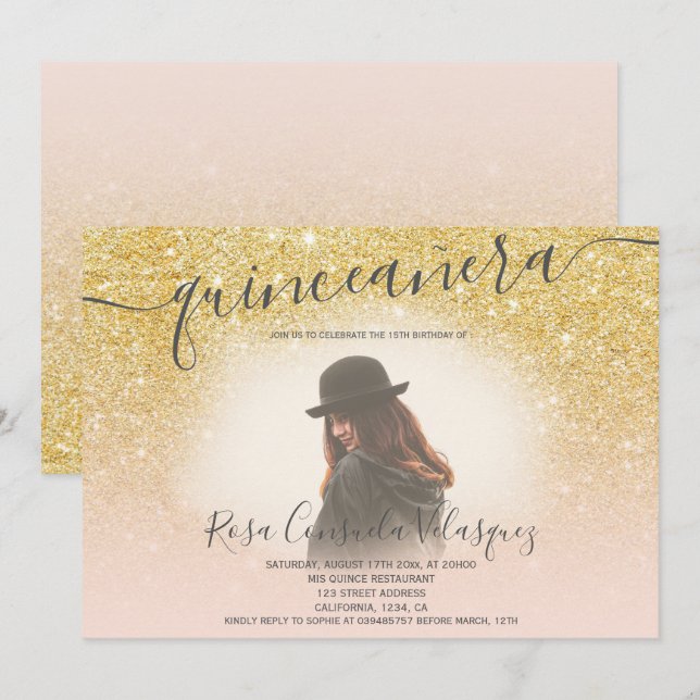 Chic gold glitter blush pink quinceanera photo invitation (Front/Back)