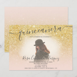 Chic gold glitter blush pink quinceanera photo invitation