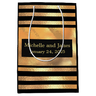 Chic Gold Glitter Brushed Metal Monogram Black  Medium Gift Bag