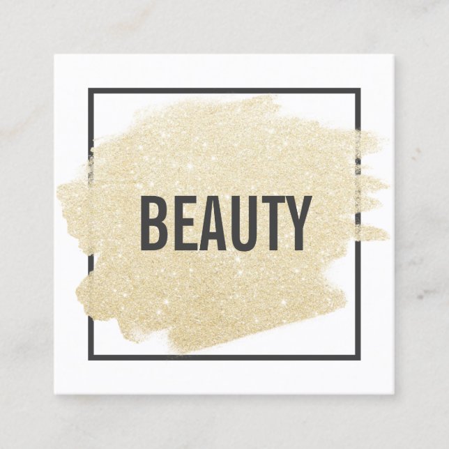 Chic gold glitter brushstroke black white beauty square business card (Front)