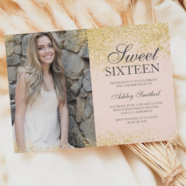 Chic gold glitter chic blush pink photo Sweet 16 Invitation (Creator Uploaded)