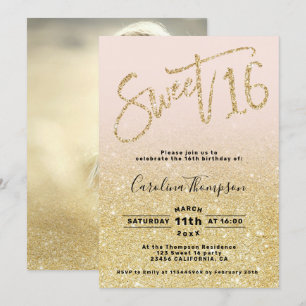 Chic gold glitter chic script blush Sweet 16 photo Invitation
