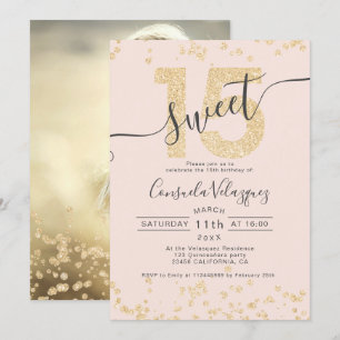 Chic gold glitter confetti blush Quinceanera photo Invitation