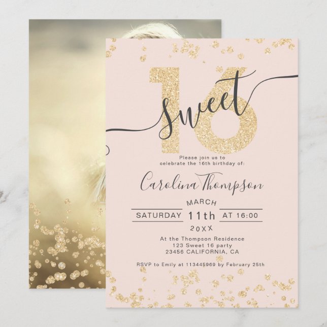 Chic gold glitter confetti blush Sweet 16 photo Invitation (Front/Back)