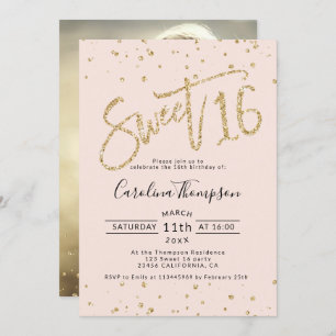 Chic gold glitter confetti blush Sweet 16 photo Invitation